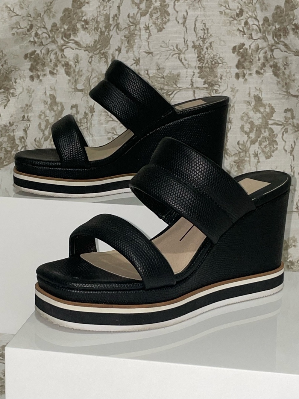 Dolce Vita Black Textured Double-Strap Wedge Slides